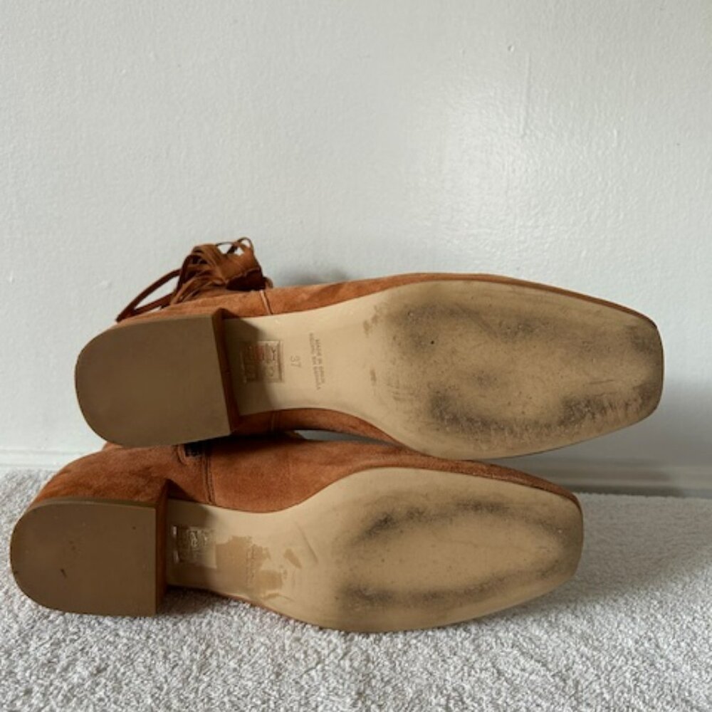 Free People Spring In Paris Boots Women's Size 6.5 Tan Suede Fringe Square Toe - Picture 4 of 8